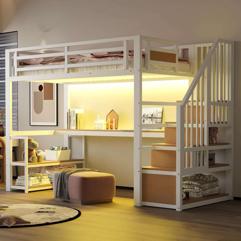 Cama alta de metal Kebnor con escalera de almacenamiento con estantes y mesa, diseño de valla de seguridad con tablones de metal empalmados, cama con estructura de hierro alta con marco de metal para mayor estabilidad (Blanco 90 * 200 cm)