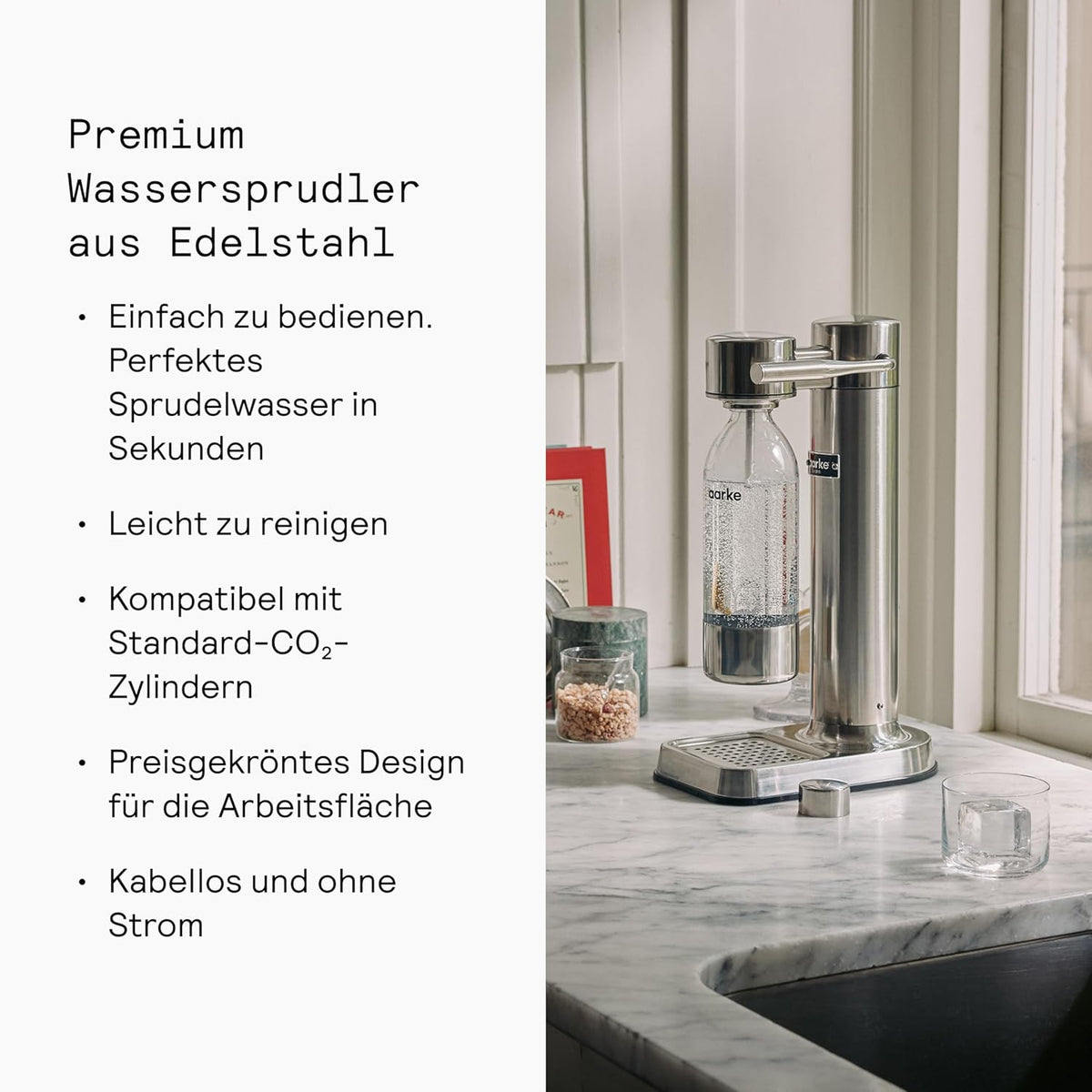 Aarke Carbonator 3, gasificador de agua de acero inoxidable con moderno acabado en acero, incluye botella de PET de 1L sin BPA, máquina de agua con gas para agua del grifo, compatible con cilindros de CO2 de 60L