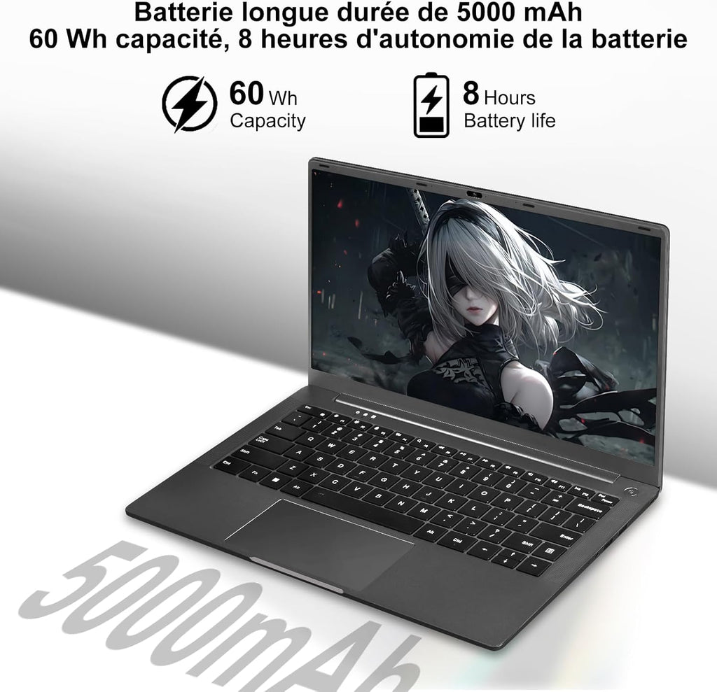 Portátil de 14 pulgadas Celeron N5095 Win11 Pro 8 GB RAM 256 GB SSD con expansión de 1 TB, WiFi 5G, FHD 1920x1080, PC portátil con ratón inalámbrico, teclado QWERTY con membrana de teclado AZERTY - Negro metalizado