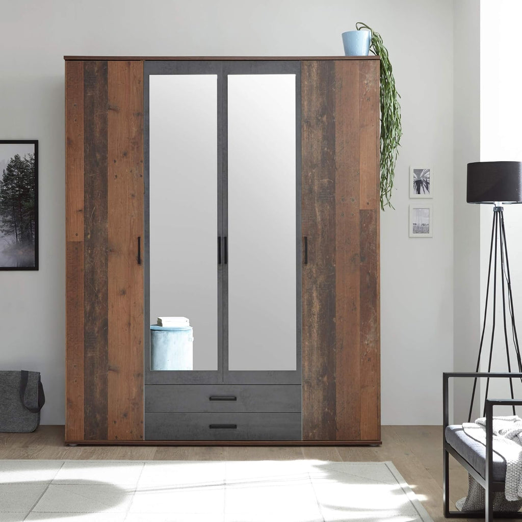 CHICAGO Elegante armario con gran espacio de almacenamiento - Versátil armario de puertas batientes en estilo antiguo y aspecto de hormigón oxidado - 159 x 197 x 54 cm (ancho/alto/fondo)