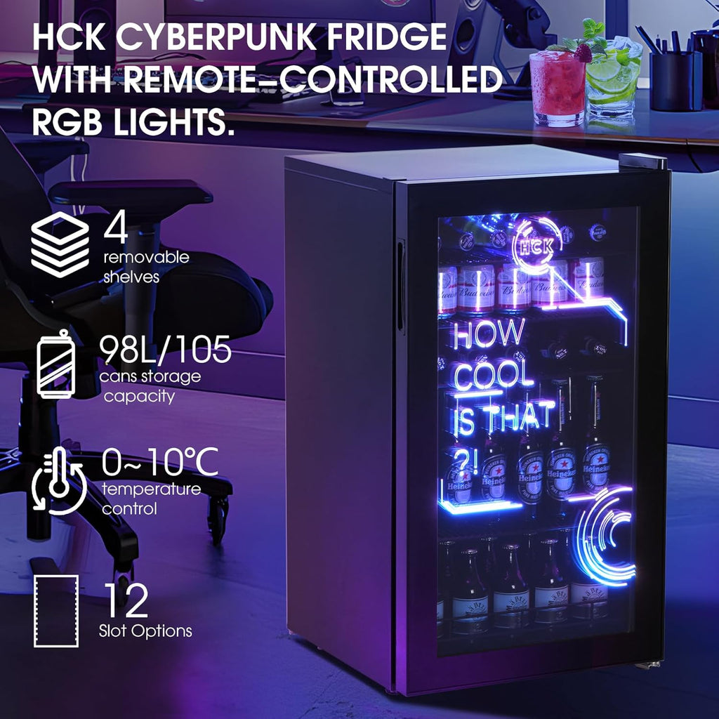 HCK Refrigerador para bebidas, mini nevera con iluminación moderna cyberpunk, 98 L, mini refrigerador silencioso de 0-10 °C, minibar para interiores, para sala de juegos, fiestas, negro.
