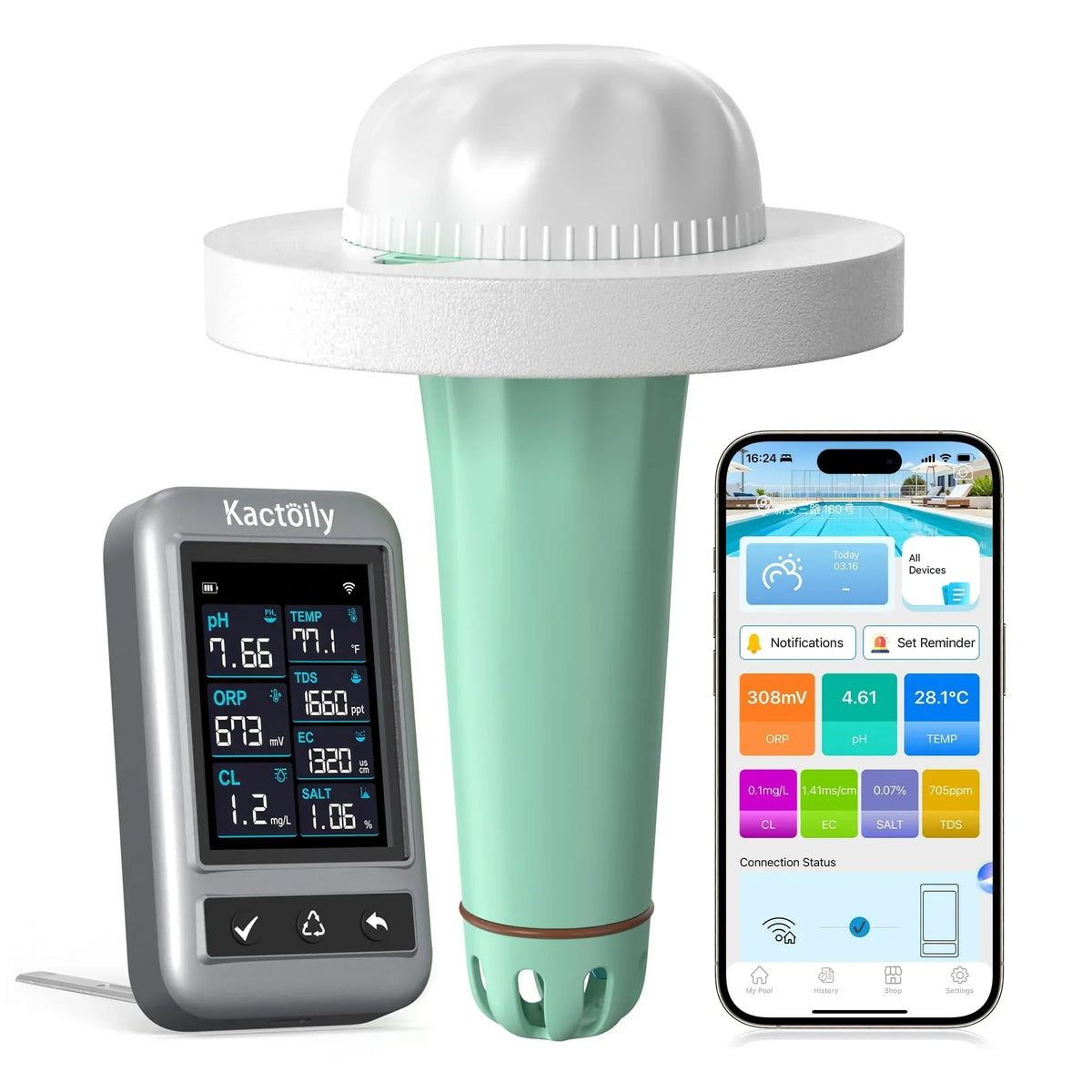 Probador de piscinas 7 en 1 con control por app, pH, cloro, TDS, EC, ORP, sal, temperatura, IP68, Wi-Fi, Bluetooth