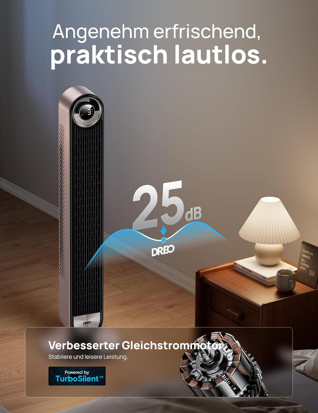 DREO 25dB Ventilador de torre inteligente y silencioso con refrigeración, ventilador de torre WiFi de 106cm compatible con Alexa, oscilación de 90°, control remoto, 9 velocidades, 4 modos, temporizador de 12 horas, control por voz, luz estelar
