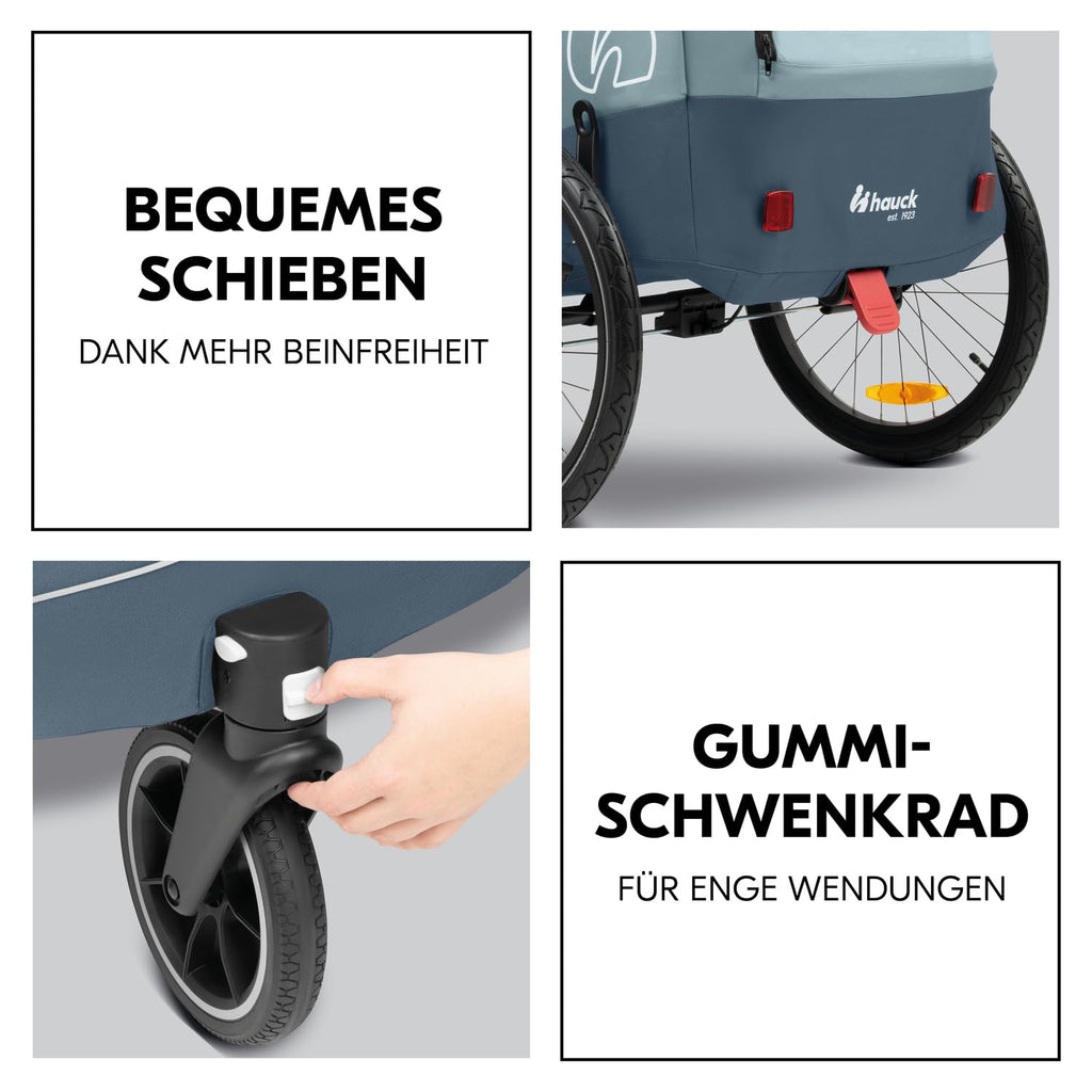 hauck Remolque de bicicleta y cochecito Dryk Duo Plus con suspensión, para 2 niños (6-48 meses), incluye barra de tiro, rueda de cochecito, bandera y luz LED, plegable, altura ajustable, maletero XL (verde oscuro)