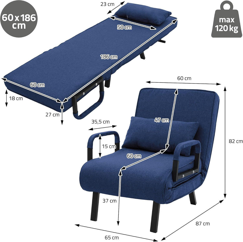 ML-Design Fotel Rozkladany 3 w 1 z Funkcja Spania, Skladany z Regulowanym Oparciem, Rozkladana Sofa dla Gosci, Lózko Jednoosobowe, Stelaz Stalowy, Miekka Tkanina Chenille, Wygodny do Salonu, Niebieski