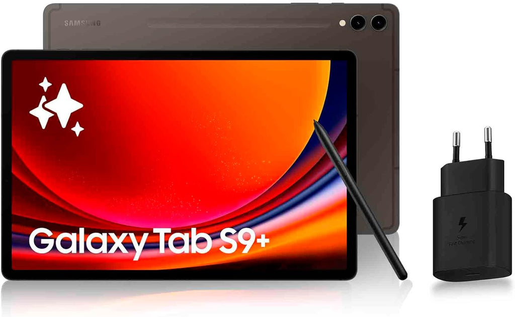 Tablette Android Samsung Galaxy Tab S9+, 12,4", 256 Go de stockage, lecteur MicroSD, Wi-Fi, S Pen inclus, anthracite, chargeur secteur rapide 25 W inclus, exclusivité Amazon version FR