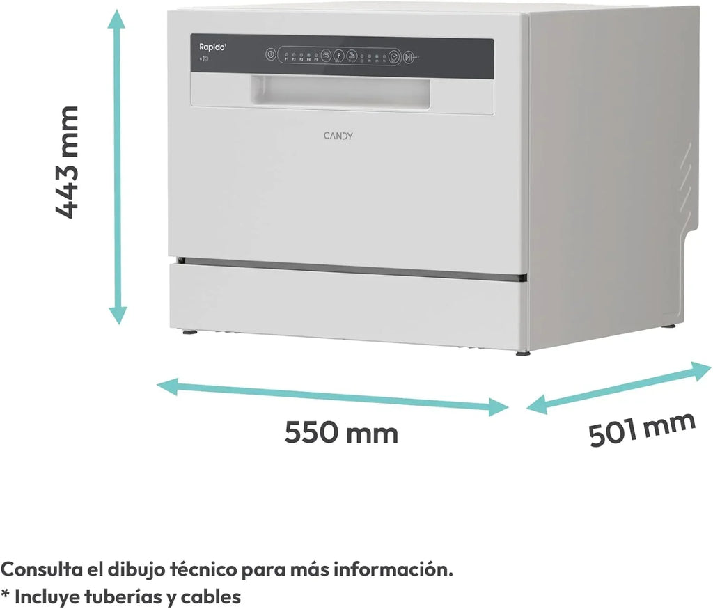 Candy CP 6E51LW Lavavajillas pequeño y compacto, 6 servicios, digital, 51 dBA, 5 ciclos, media carga, inicio diferido 3-6-9 horas, indicador de sal y abrillantador, indicador de fin de ciclo, blanco