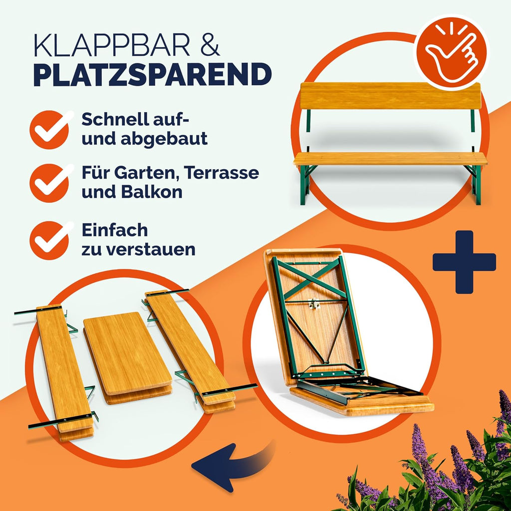 Casaria® Juego de mesa y bancos de cerveza con respaldo 170 cm, plegable y estable, 2 bancos, 1 mesa ancha, madera, mobiliario de jardín, mobiliario para eventos