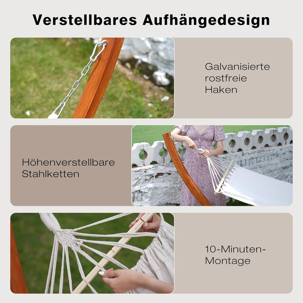 Hamaca con soporte, incluye 2 hamacas, capacidad de carga de 200 kg, dimensiones: 320x120x120 cm, estructura arqueada estable de madera de pino macizo, para jardín, terraza y balcón