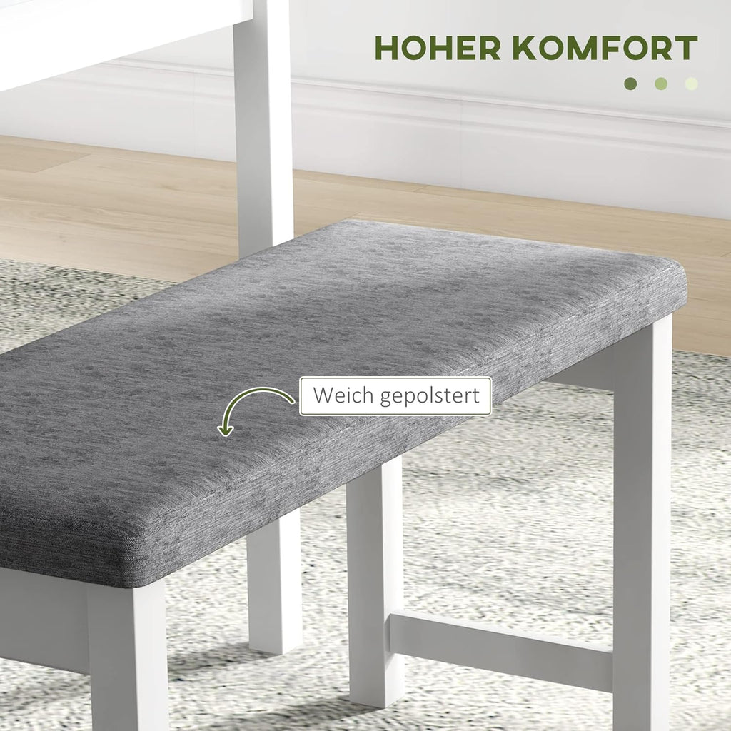 HOMCOM Juego de comedor con mesa, 2 sillas y 1 banco, conjunto de comedor de madera maciza que ahorra espacio, con cojines, set de mesa de cocina para comedor y cocina, gris y blanco