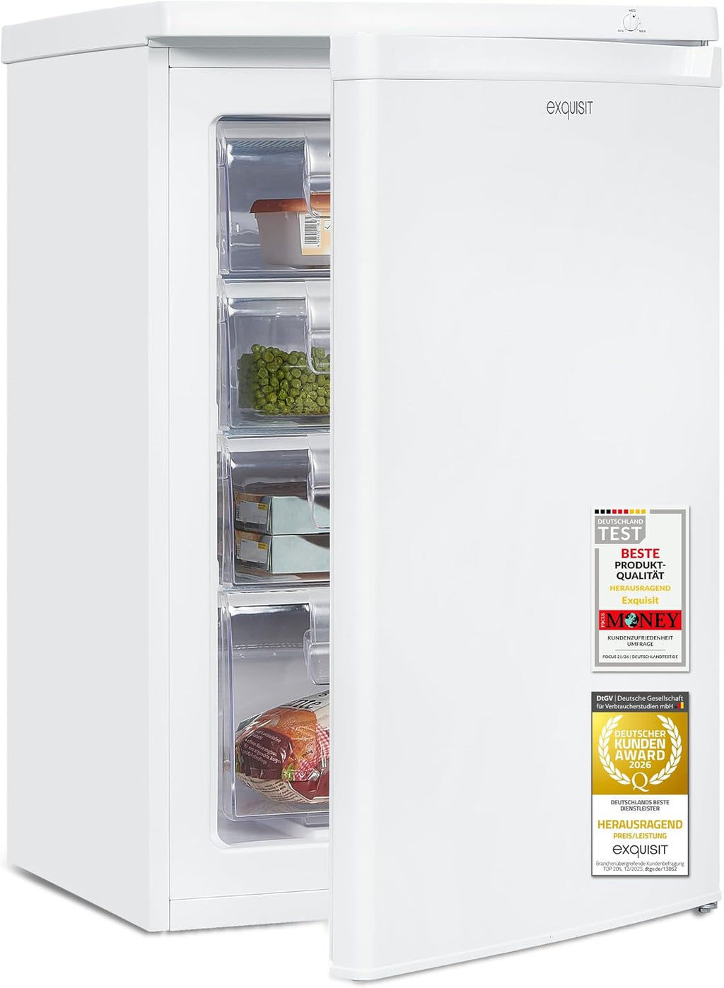 Congelador Exquisit GS512-040E - 91 l Congelador pequeño en blanco | Congelador de libre instalación con compartimento de 4 estrellas, 4 cajones, funcionamiento silencioso de 40 dB y puerta reversible para camping y cocina