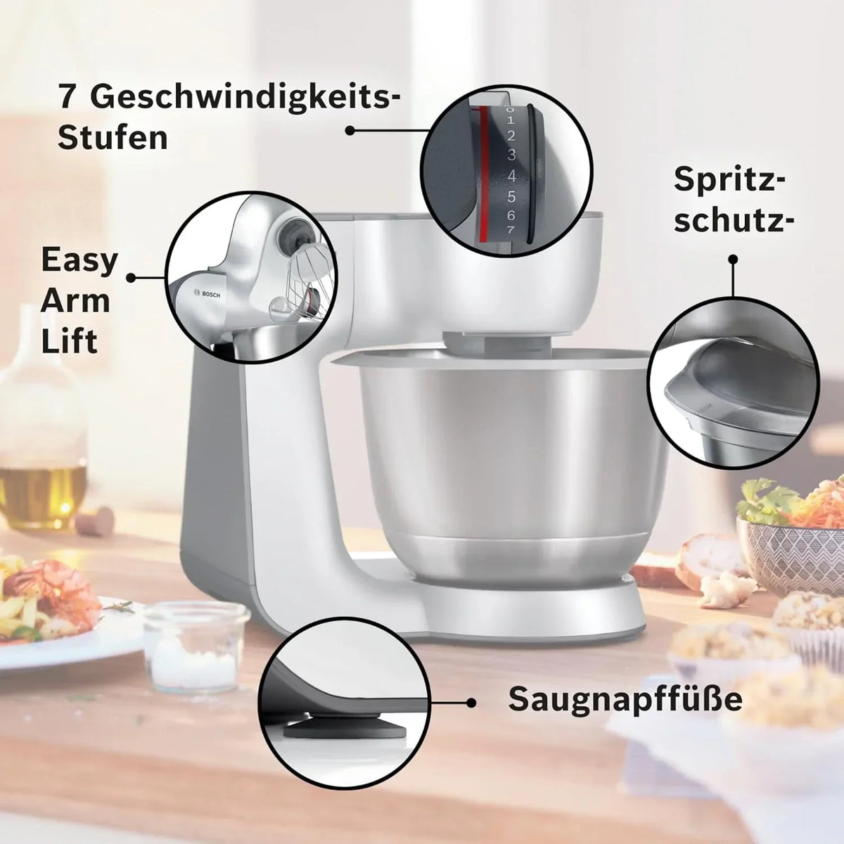 Procesador de alimentos Bosch Serie 4 MUM56340, bol de 3,9 L, batidora de 1,25 L, picadora de carne, exprimidor, sistema de mezclado planetario, gancho para amasar, varillas batidoras y mezcladoras, cortador-rallador, 3 discos, 900 W, plata/gris