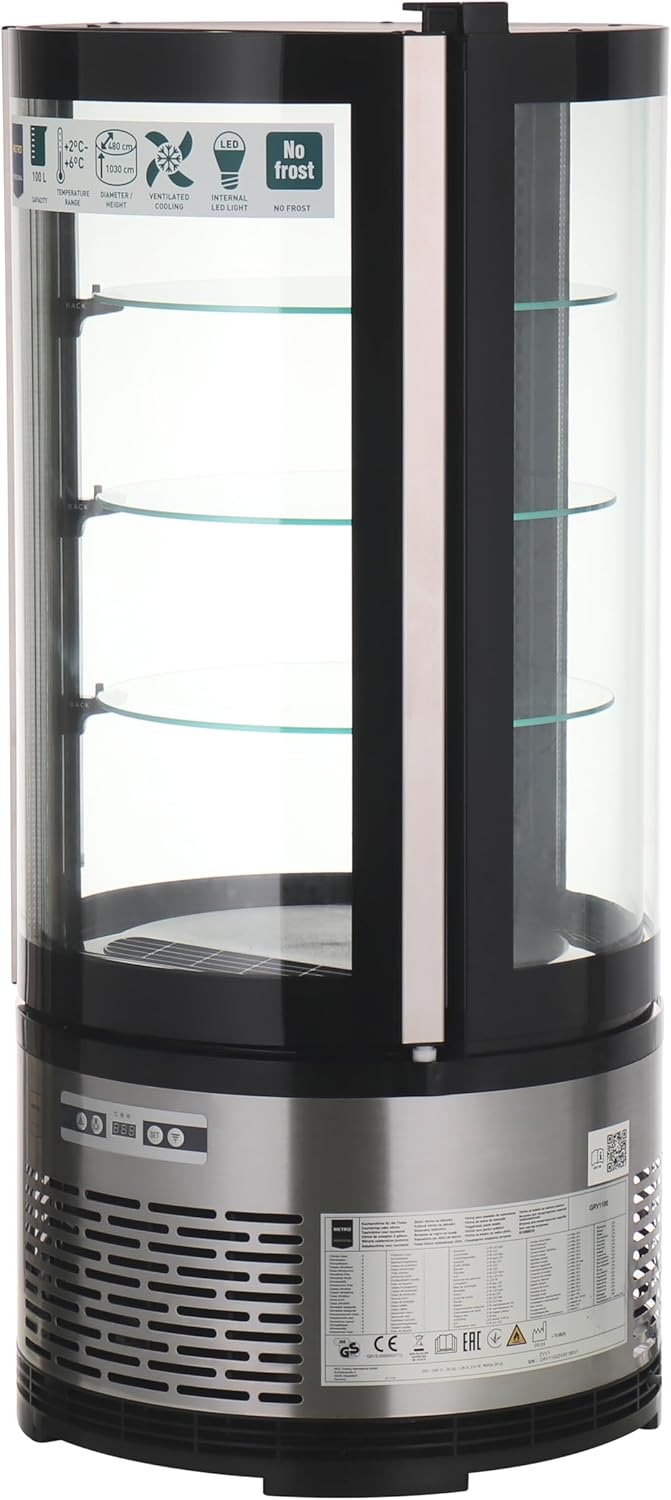 Vitrina refrigerada METRO Professional GRV1100, para hostelería, acero inoxidable/vidrio, 100 L, refrigeración por aire forzado, 490 W, indicador de temperatura,  descongelación automática, redonda, plateada, clase climática 6