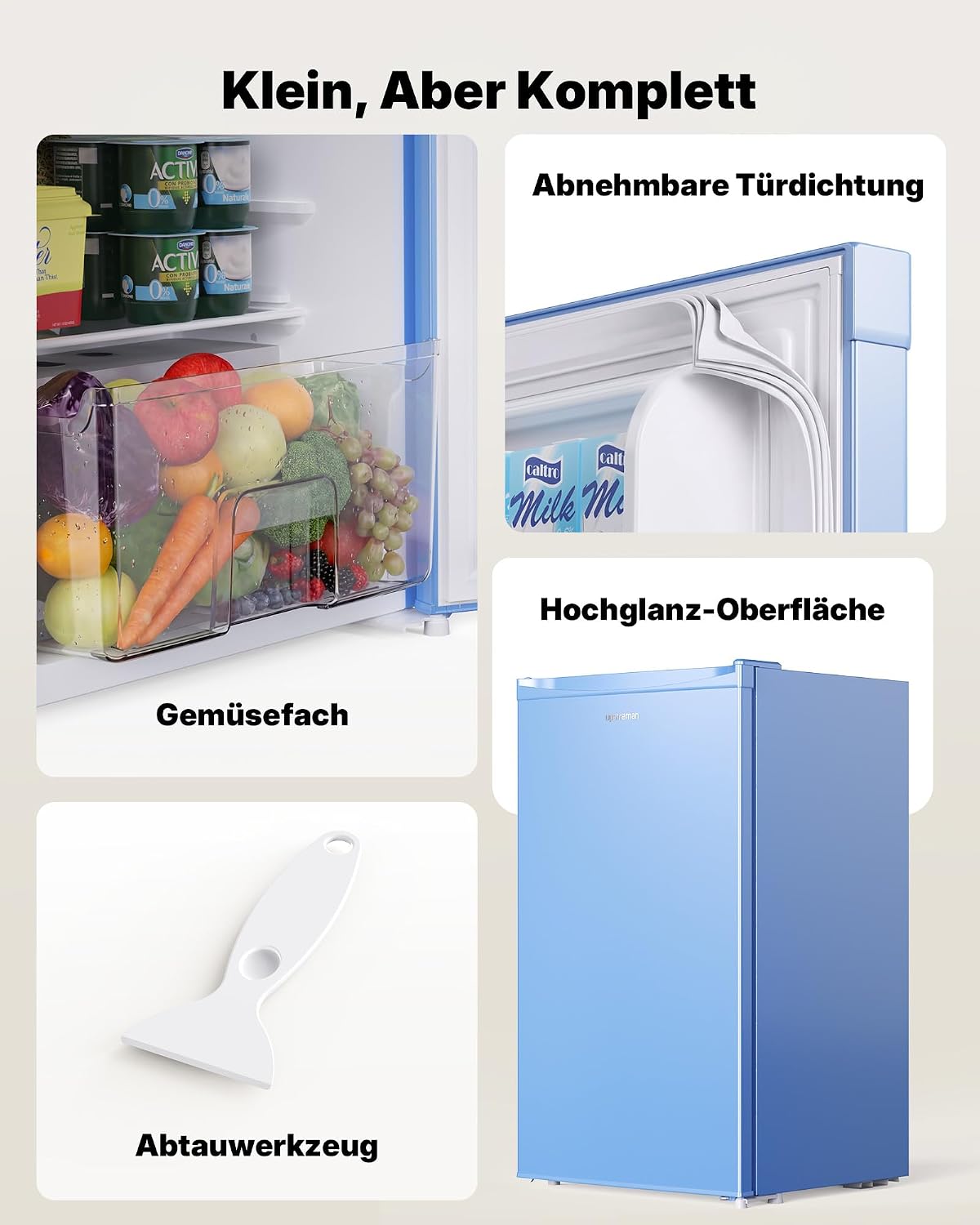 Upstreman 91L Mini-refrigerador con compartimento de enfriamiento rápido, 5 niveles de temperatura (0-10 ℃), eficiente energéticamente, funcionamiento silencioso de 41 dB, compacto y espacioso para dormitorio universitario/oficina, BR321-Azul