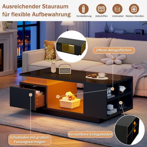 Mesa de centro de alto brillo Merax con iluminación LED y cajón – Mesa de sofá de 100x50x36 cm, mesa de salón con 4 compartimentos laterales, mesa de centro minimalista en negro