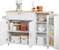 Mesa de cocina móvil, encimera plegable, veteado de roble, armario multifuncional, especiero, toallero, 5 ruedas, blanco, apto para cocina/comedor/hogar
