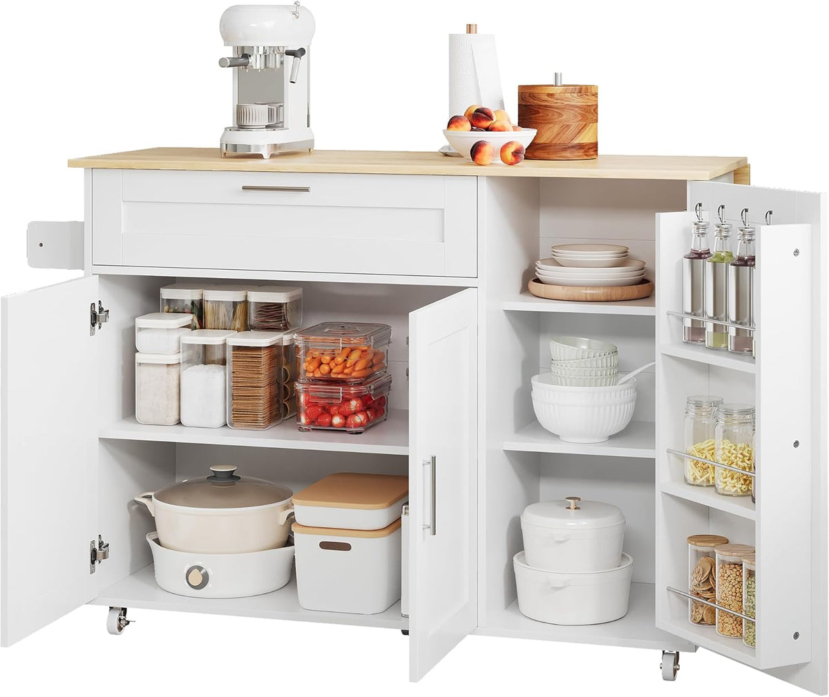 Mesa de cocina móvil, encimera plegable, veteado de roble, armario multifuncional, especiero, toallero, 5 ruedas, blanco, apto para cocina/comedor/hogar