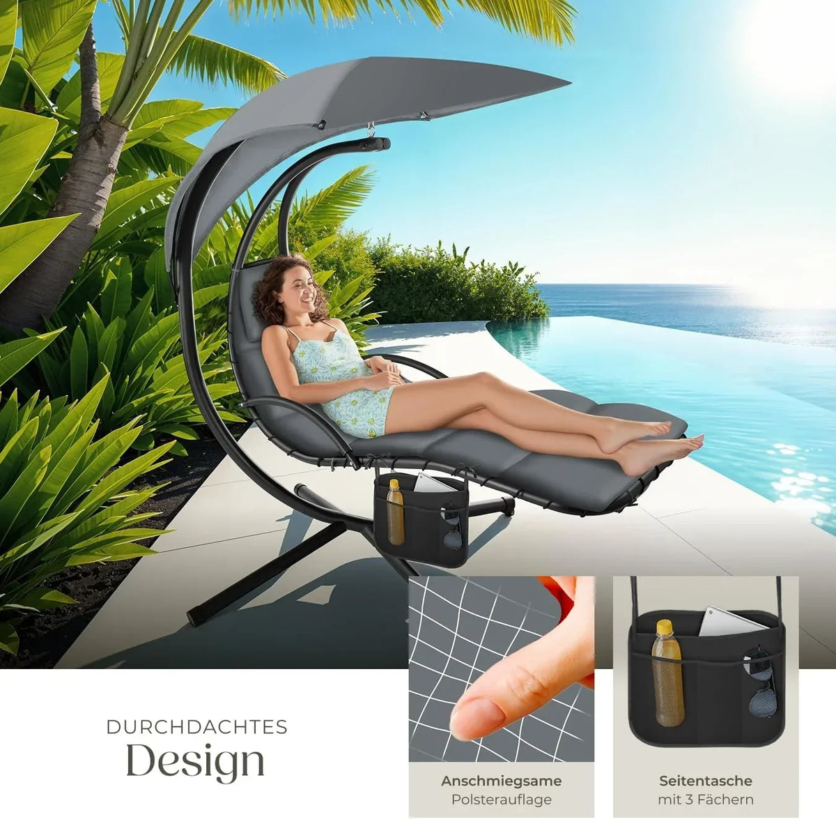Tumbona colgante con soporte y toldo, hamaca de jardín 405123-3, tumbona relax para exterior con cojín y almohada