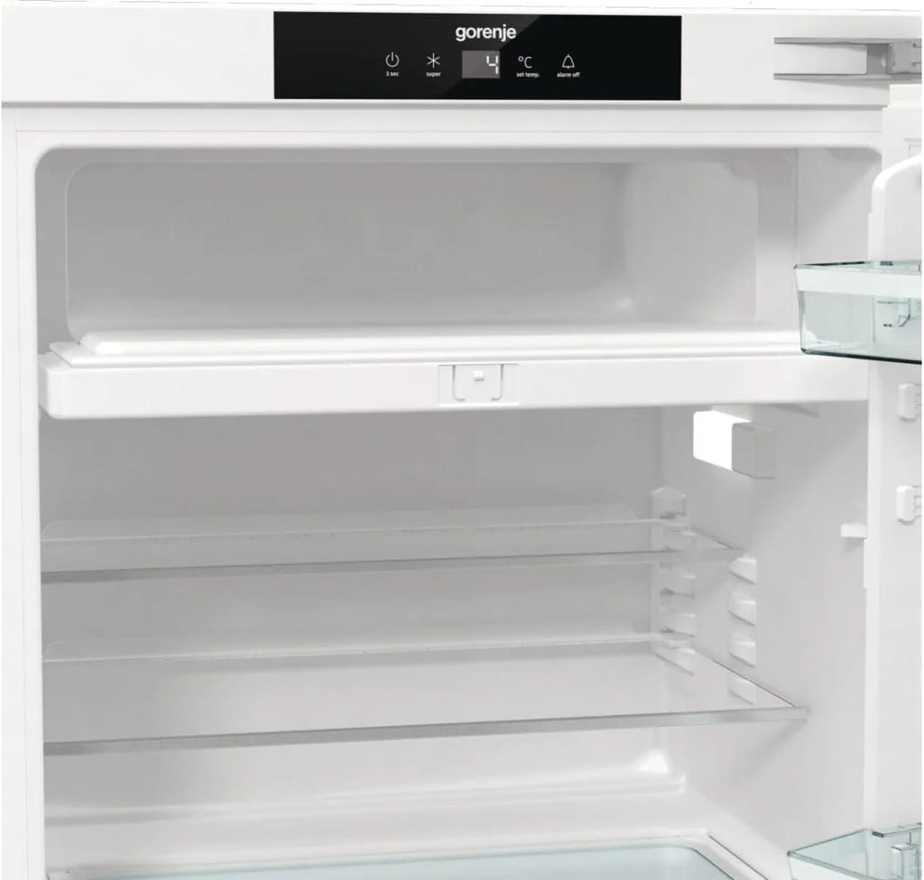 Gorenje RBIU609EA1 lodówka stołowa do zabudowy z zamrażarką/88 nisz/zawias drzwiowy/klasa efektywności energetycznej: E/121 litrów/technika drzwi stałych/SuperCool/wskaźnik temperatury/zawias drzwiowy