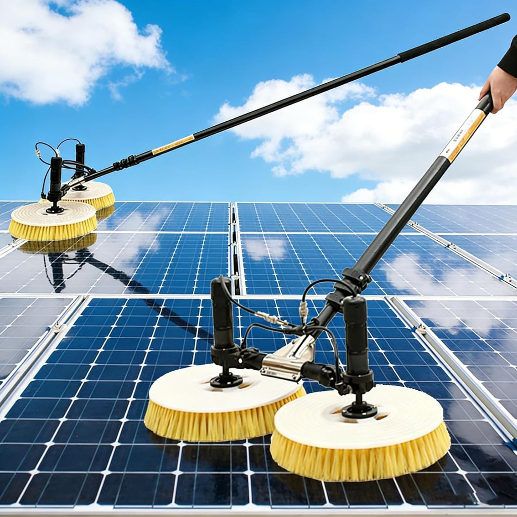 Cepillo de limpieza solar profesional para exteriores, cabezal de doble rotación, 65 cm/25.59 pulgadas de ancho de trabajo, pértiga telescópica, resistente al agua y ahorro de energía, para instalaciones fotovoltaicas (red eléctrica, 7.5 m)