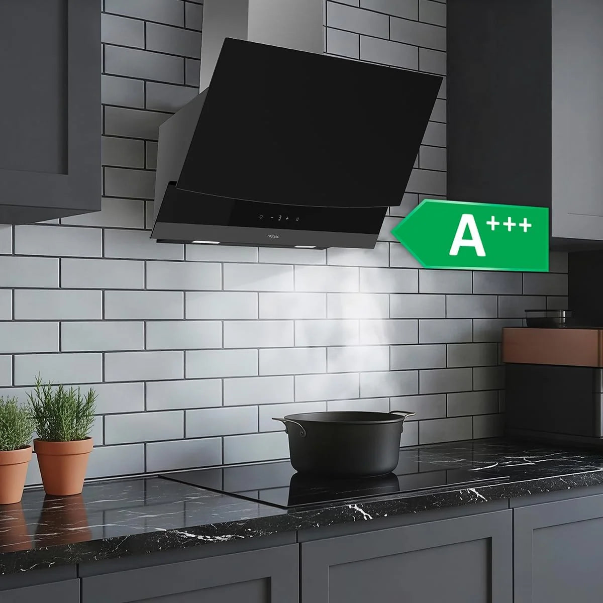 Cecotec Dekoracyjny okap kuchenny Bolero Flux DT 904400 Matt Black A+++. Ssanie 416,5m³/h, 3 prędkości, niskie zużycie, silnik DC, sterowanie ruchem i dotykiem, matowe szkło, korpus ze stali