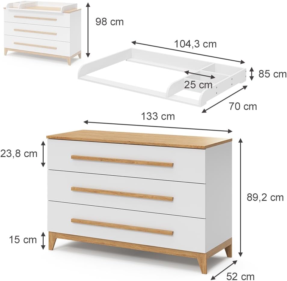 Cambiador VitaliSpa Malia, blanco/roble, 133 x 98 cm XL con 3 cajones