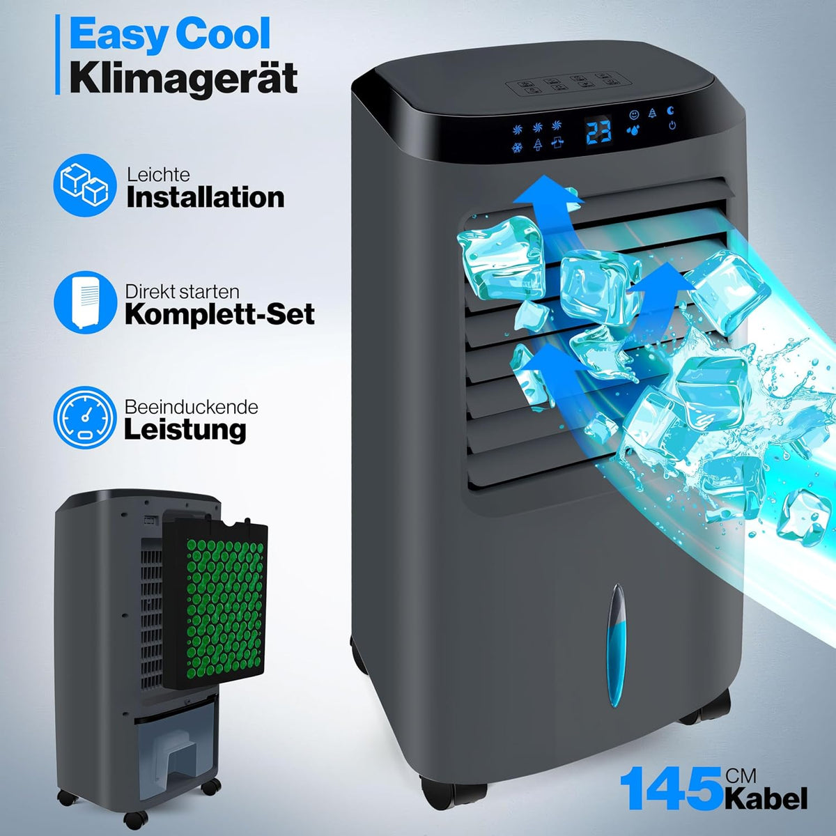 KESSER® Aire acondicionado móvil 4 en 1, enfriador de aire con mando a distancia y temporizador, depósito de agua de 10 L, ionizador y humidificador, ventilador, climatizador sin tubo de escape, 3 niveles, incluye acumuladores de frío
