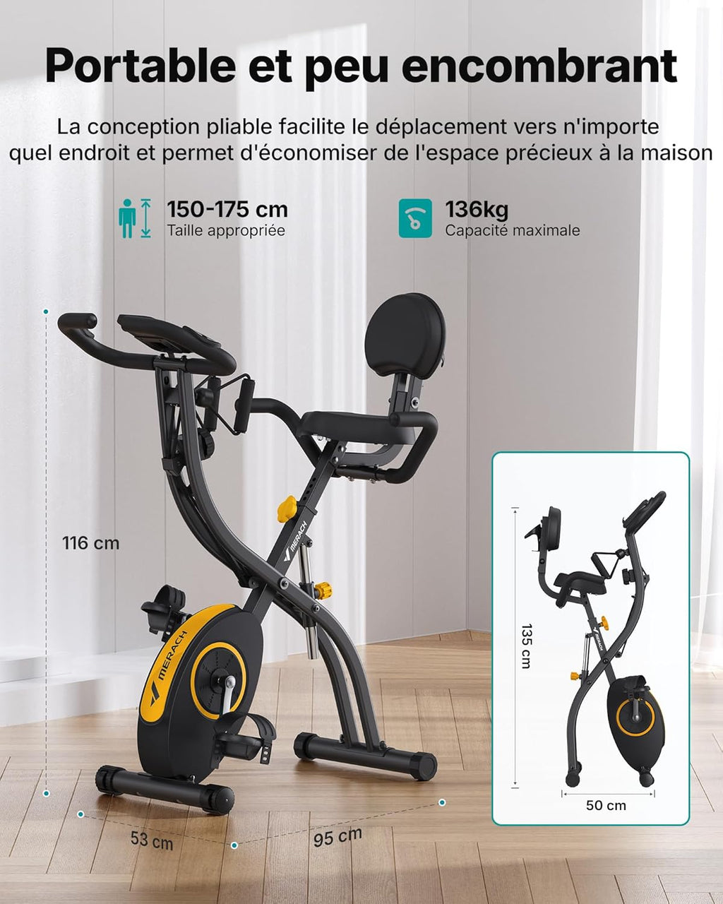MERACH Bicicleta estática plegable 4 en 1, bicicleta estática con monitor LCD y sensor de pulso manual, bicicleta de fitness magnética con cojín de asiento cómodo, para el hogar, ahorra espacio
