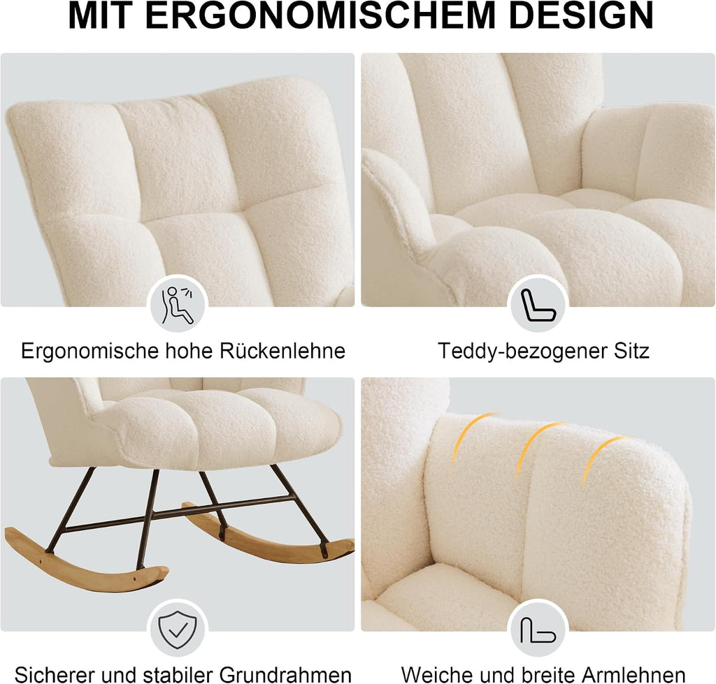 Sillón mecedora de lactancia con reposabrazos, silla de lactancia acolchada, sillón relax para salón y habitación infantil, capacidad de carga hasta 136 kg, color marfil