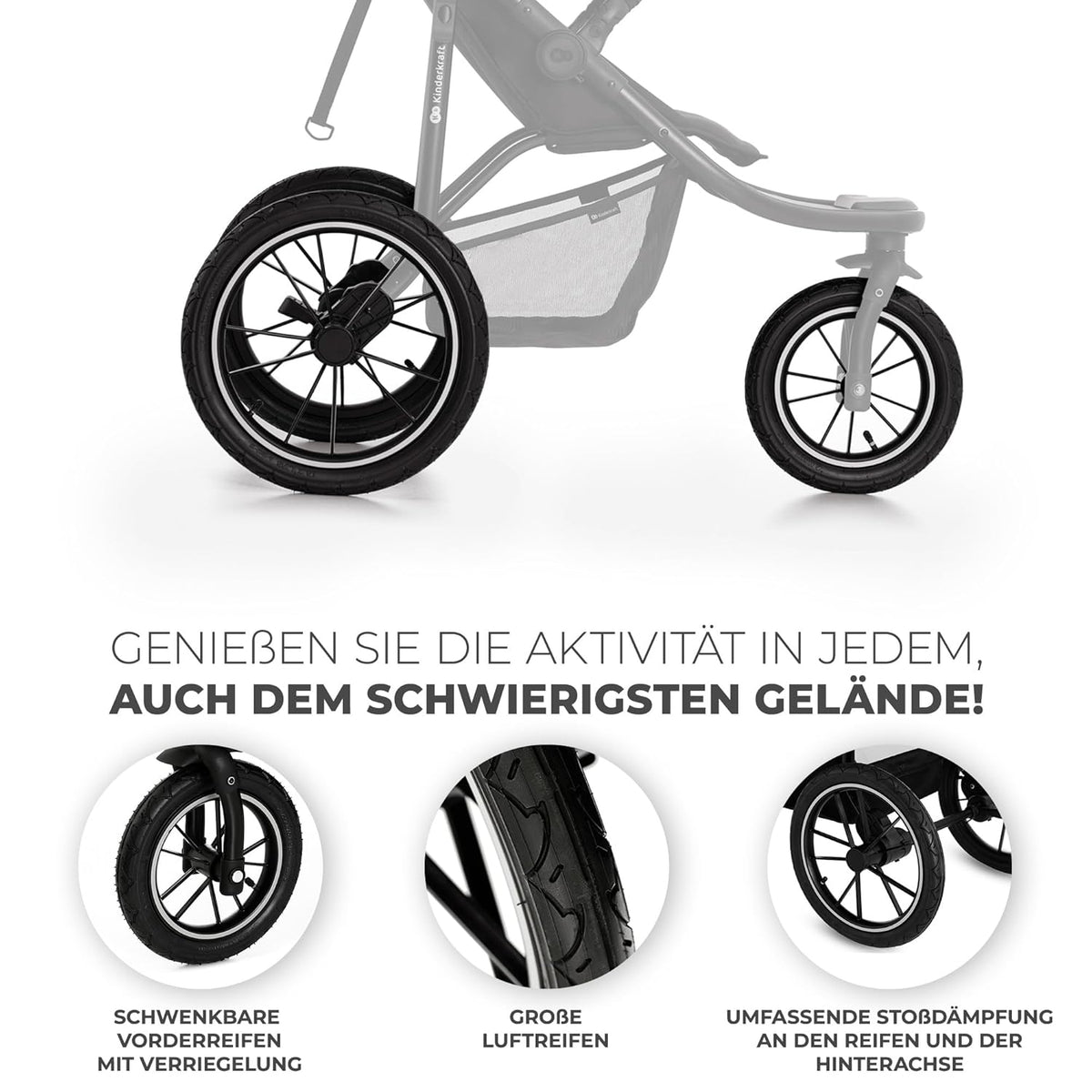 Kinderkraft HELSI 2 Silla de paseo hasta 27 kg, cochecito desde el nacimiento, silla de paseo para correr con grandes ruedas neumáticas, función de reclinado, asa parental ajustable, plegable, cesta debajo del asiento, negro