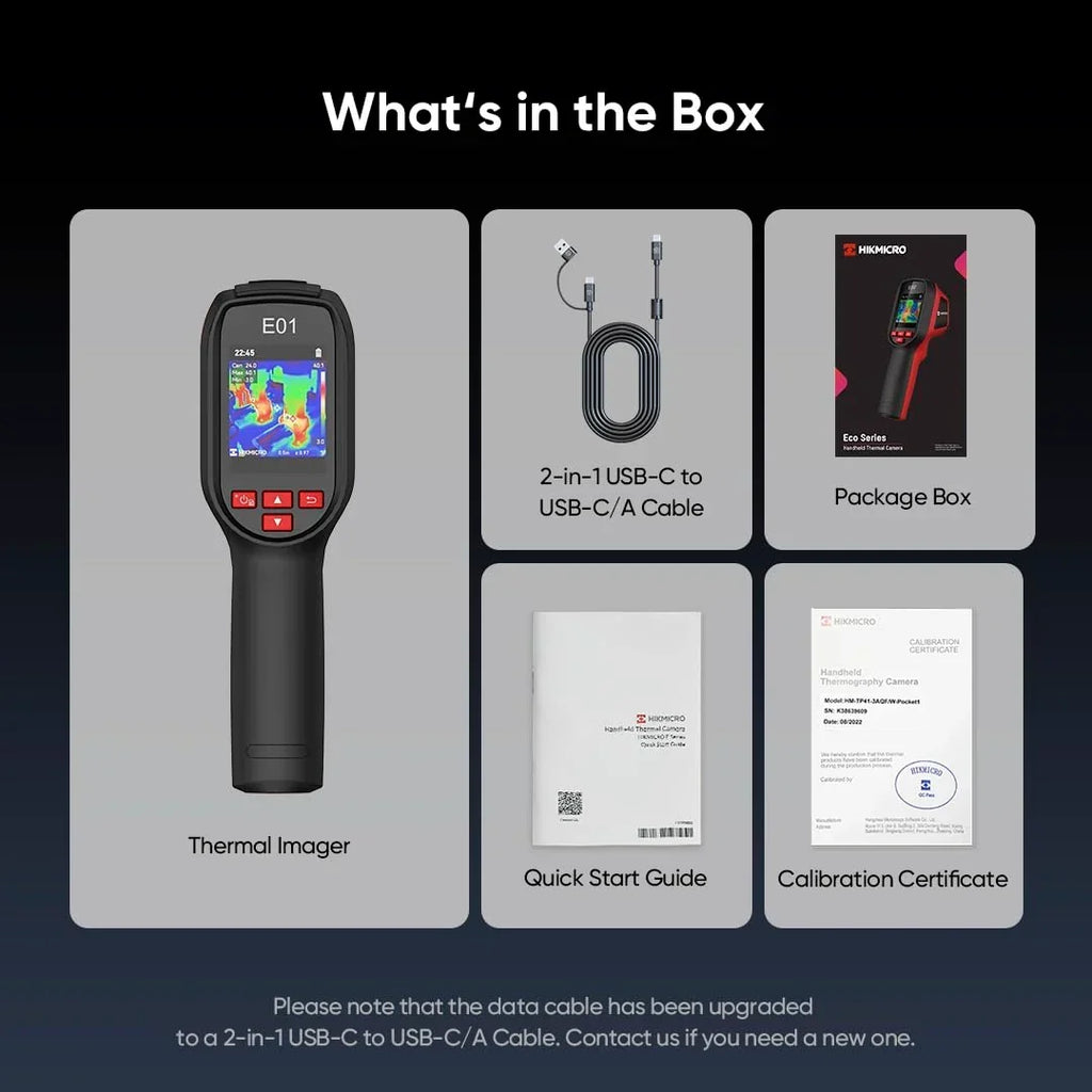 Cámara térmica compacta HIKMICRO E01 con resolución IR SuperIR de 240x240, 20 Hz, de mano, con puntero láser, de -20 °C a 400 °C
