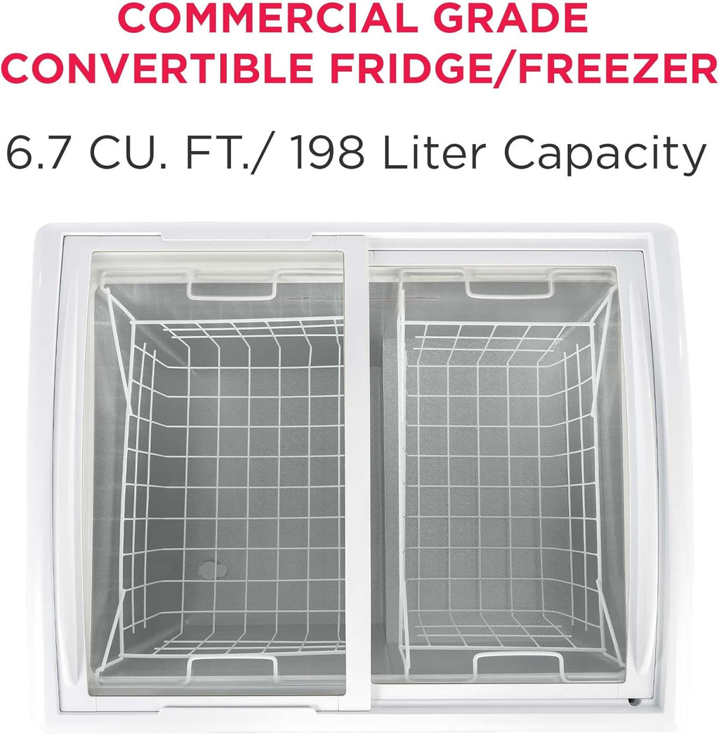 Congelador horizontal convertible Frigidaire, vitrina con tapa de cristal, 6.5 pies cúbicos, ruedas giratorias, temperatura ajustable