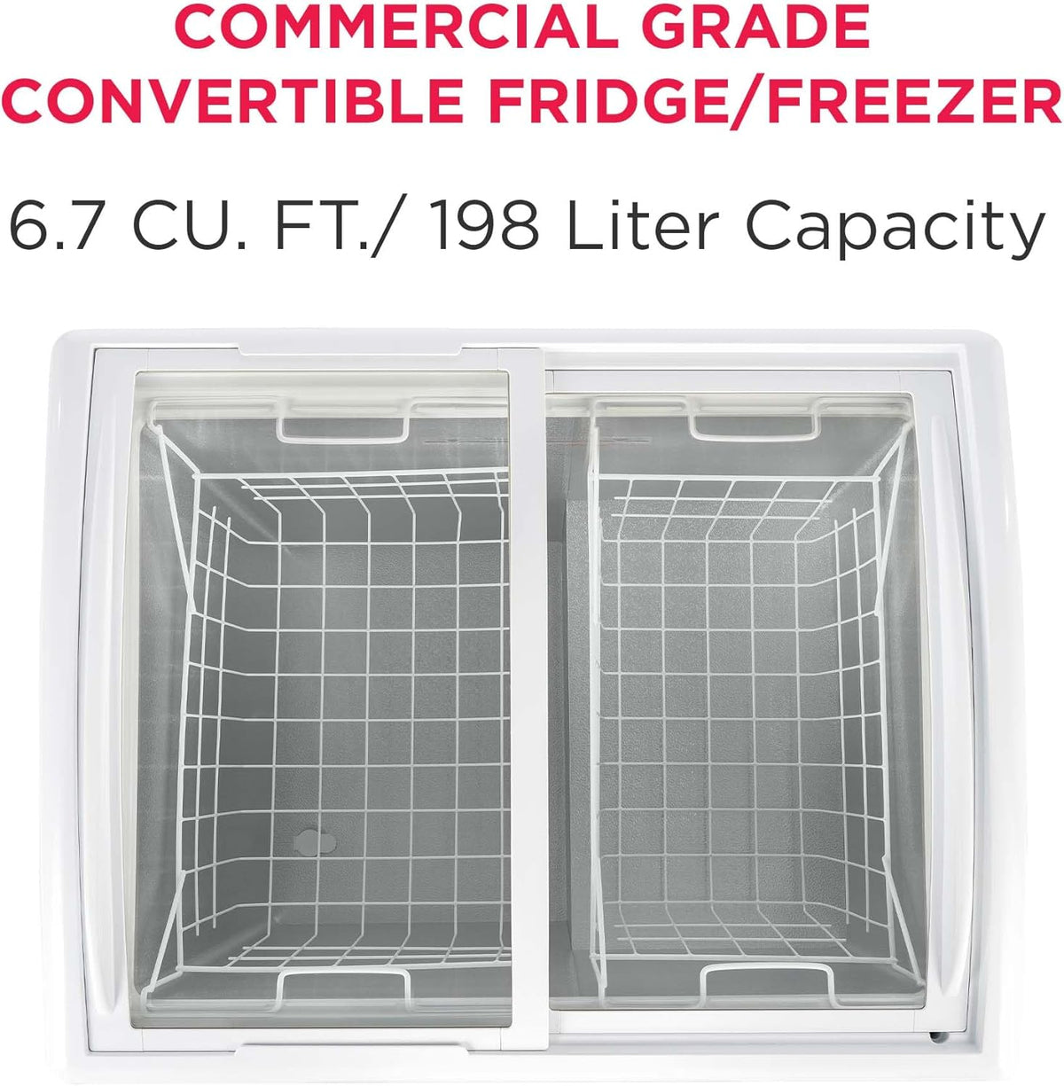 Congelador horizontal convertible Frigidaire, vitrina con tapa de cristal, 6.5 pies cúbicos, ruedas giratorias, temperatura ajustable