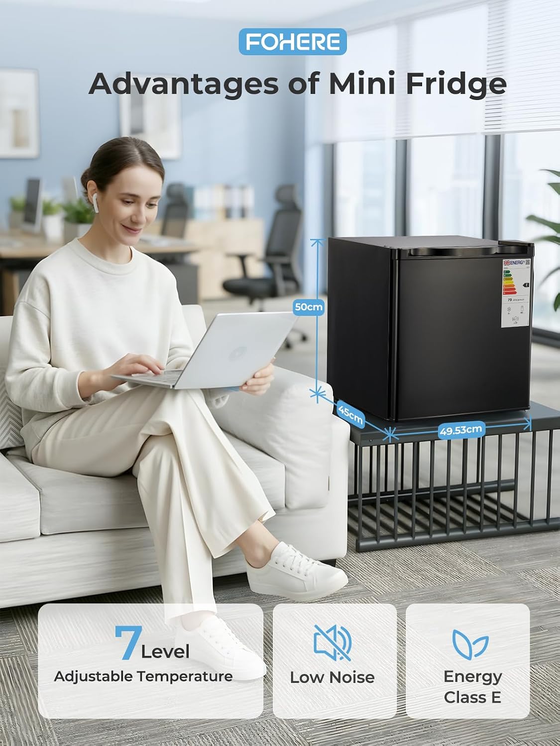 Mininevera FOHERE 46L, frigorífico pequeño con 7 niveles de refrigeración, energéticamente eficiente, supersilencioso, puerta reversible y patas ajustables, para hotel, oficina, apartamentos pequeños, negro