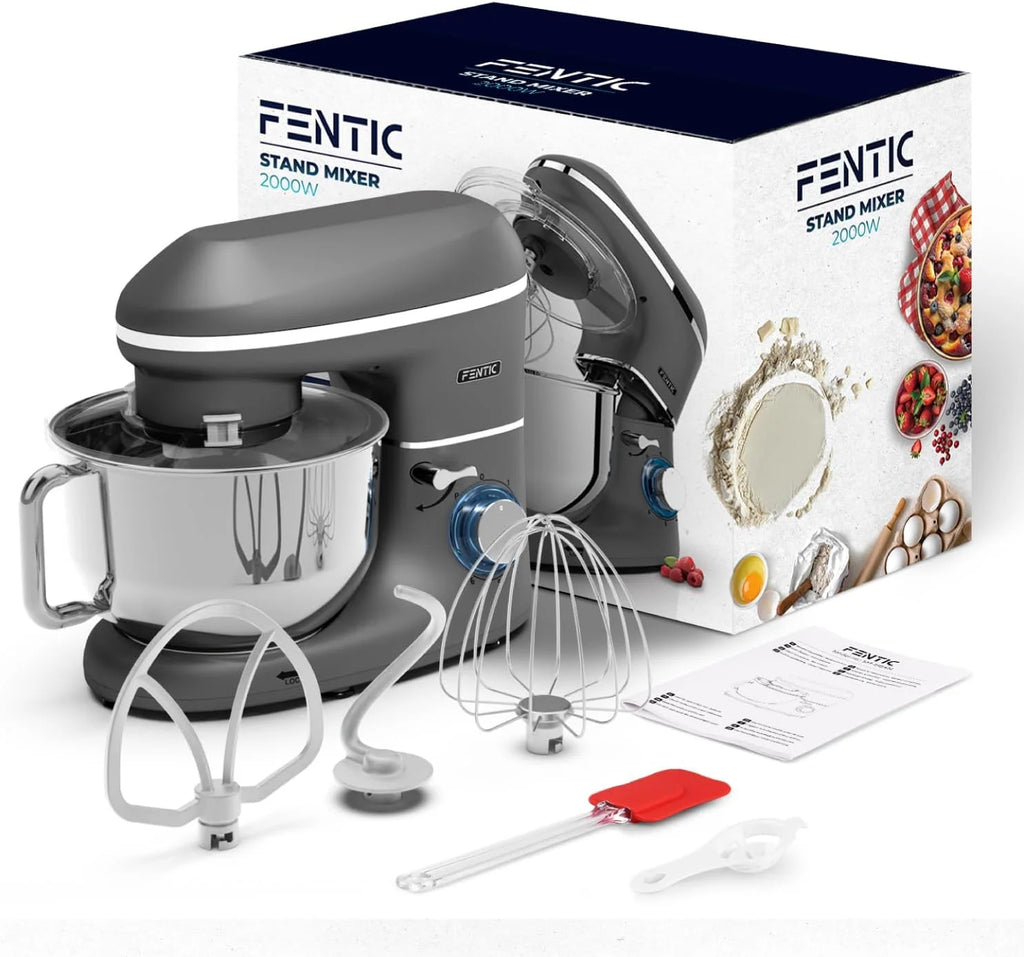 Robot kuchenny - 2000 W - miska do mieszania ze stali nierdzewnej (6,2 l) - mikser kuchenny z mieszania, hakiem do zagniatania, trzepaczką i ochroną przed pryskaniem - w zestawie