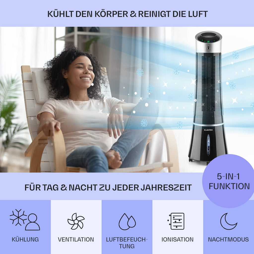 Klarstein 4 en 1: Enfriador de aire inteligente, ventilador, humidificador e ionizador I Depósito de agua de 6 L, oscilación, 30 W, 210 m³/h, temporizador I Aire acondicionado sin tubo de escape, aire acondicionado portátil, negro-oro rosa