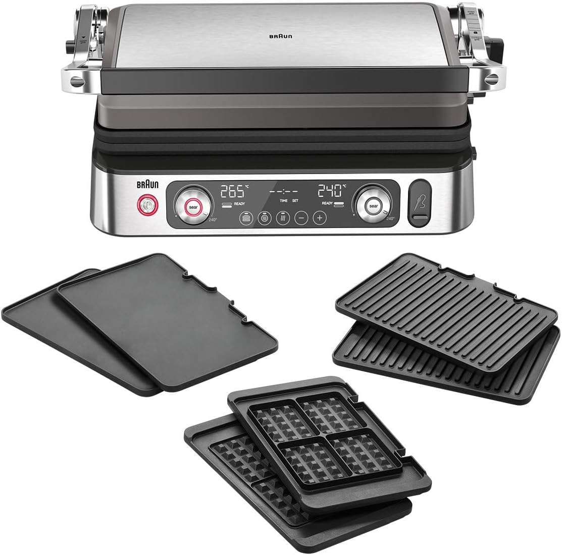 Braun MultiGrill 9 Pro CG 9167, parrilla de contacto con placas de grill, plancha y gofrera, y termómetro, posiciones de cocción: contacto, barbacoa, horno, placas aptas para lavavajillas, función Boost hasta 265°