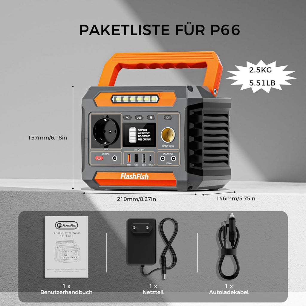Estación de energía portátil FlashFish de 230Wh con panel solar de 60W, generador solar de 300W (pico de 600W) con 2 puertos CC, 4 puertos USB, luces LED, generador de emergencia para camping, viajes y cortes de energía