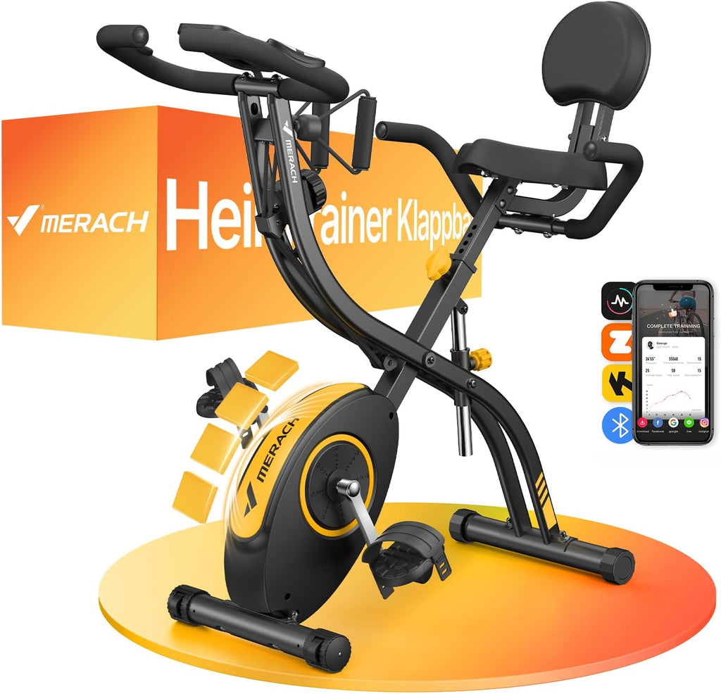 MERACH Bicicleta estática plegable 4 en 1, bicicleta estática con monitor LCD y sensor de pulso manual, bicicleta de fitness magnética con cojín de asiento cómodo, para el hogar, ahorra espacio