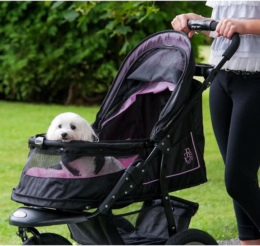 Cochecito para mascotas No-Zip NV para gatos/perros, entrada sin cremallera, plegado fácil con una sola mano, ruedas con relleno de gel, cojín de felpa + protector contra la intemperie incluidos, 3 colores