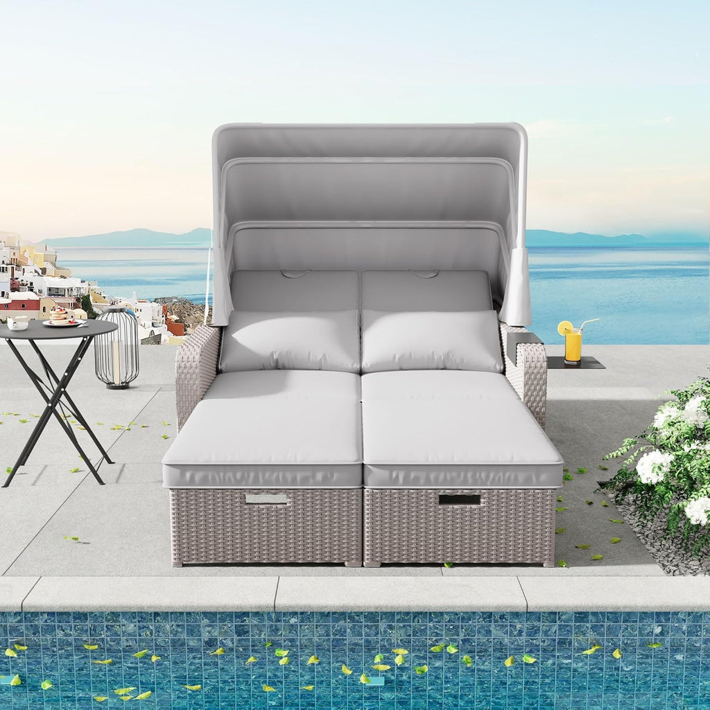 Sofá lounge de poliratán, sofá de jardín de dos plazas con función reclinable, tumbona de jardín con toldo extraíble, sofá lounge tipo cama de día con cojines, caqui