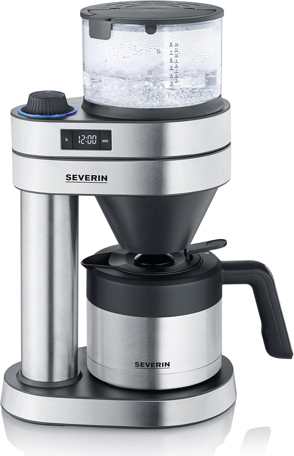 Cafetera de filtro Severin "Caprice" con jarra térmica antigoteo, como hecha a mano, cafetera para hasta 8 tazas, cafetera con temporizador, 1 l, acero inoxidable cepillado/negro, KA 5763