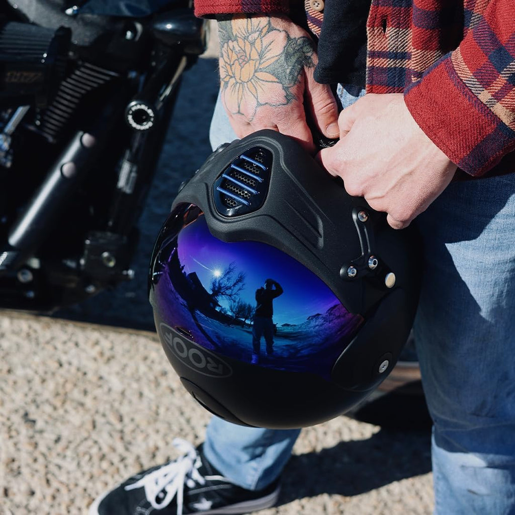 Casco de moto jet de alta gama ROOF Roadster de fibra de vidrio con mentonera magnética extraíble, pantalla iridio incluida – Color Iron negro mate/azul - Venta directa de fábrica - Garantía de 4 años