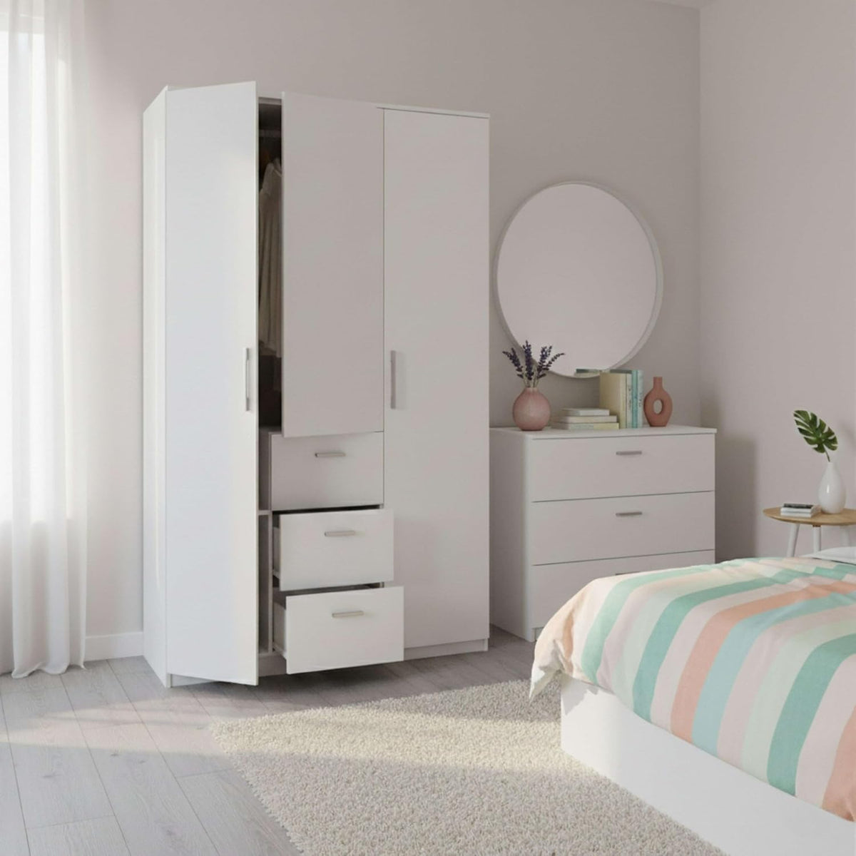 Habitdesign Armario Ropero 3 puertas y 3 cajones, 203x117x52 (alto x ancho x fondo - en cm), con barra de colgar y estantes, color blanco brillo