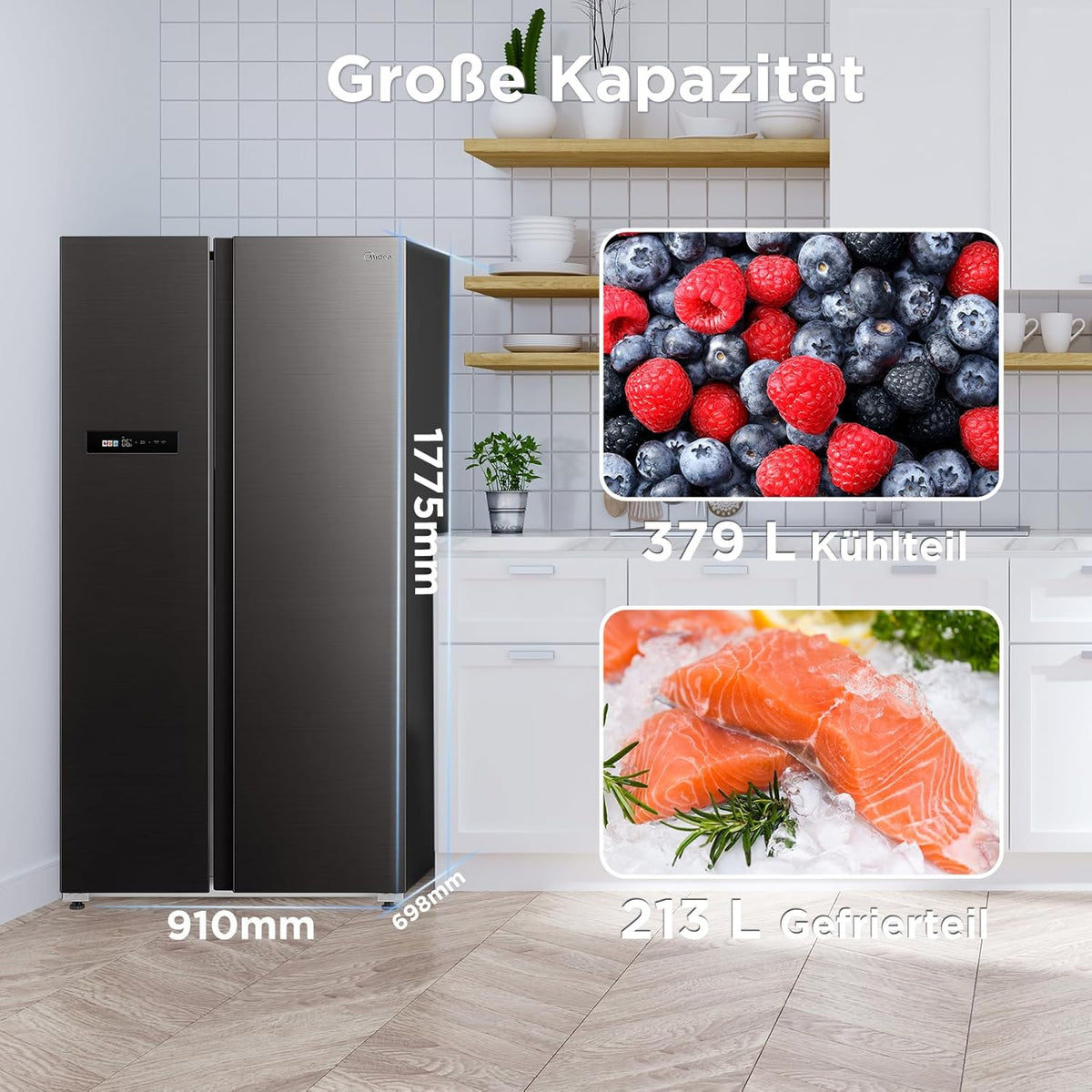 Midea KS-DDX 6.32 WT Frigorífico americano / 178,8 cm de altura / 254 kWh/año / No Frost / Compresor Dual Inverter / con dispensador de agua/hielo 3 en 1 y depósito de agua, Dark Inox