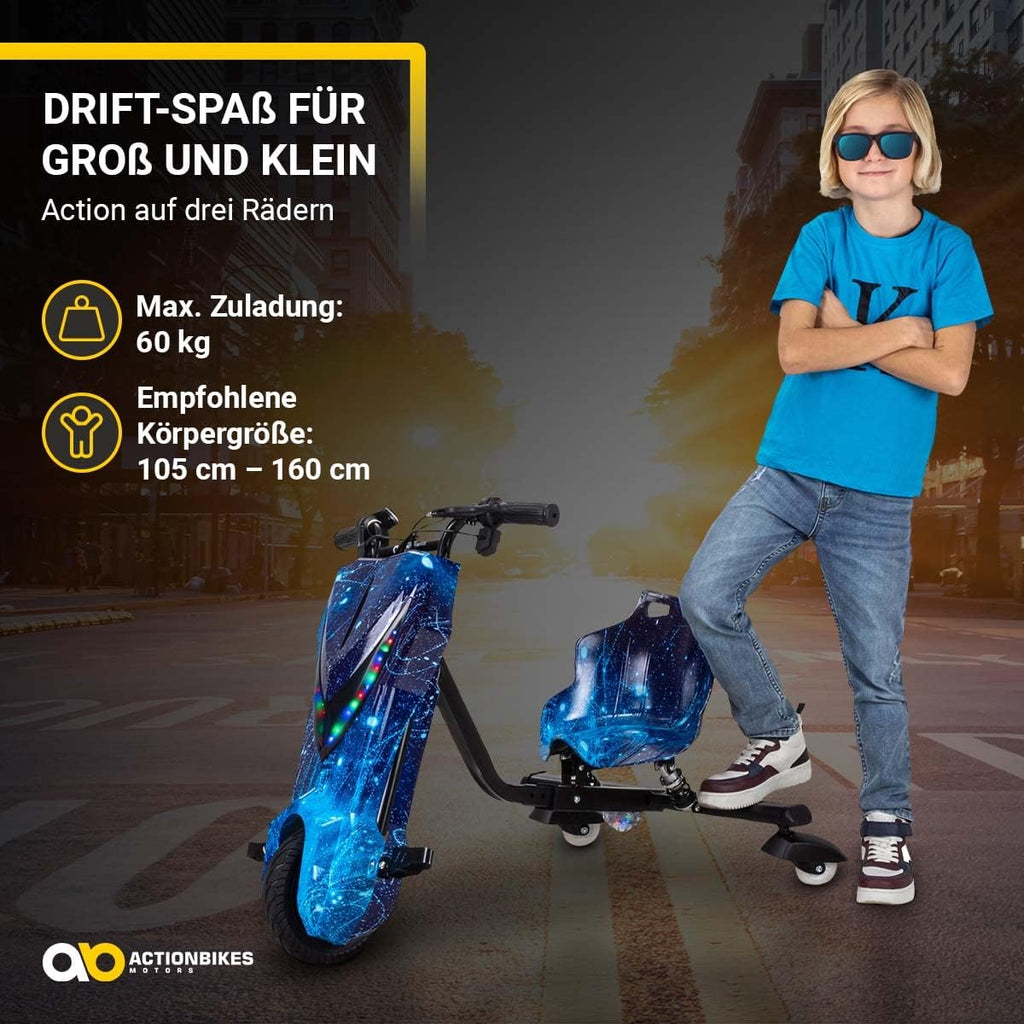 Actionbikes Motors Patinete Eléctrico Infantil para Derrapes | Motor de 𝟐𝟓𝟎 W - Carrito de Derrape 360° - 3 Niveles de Velocidad - Iluminación LED - Asiento Ajustable - Bluetooth - Kart de Derrape - Coche de Derrape (Space Purple)