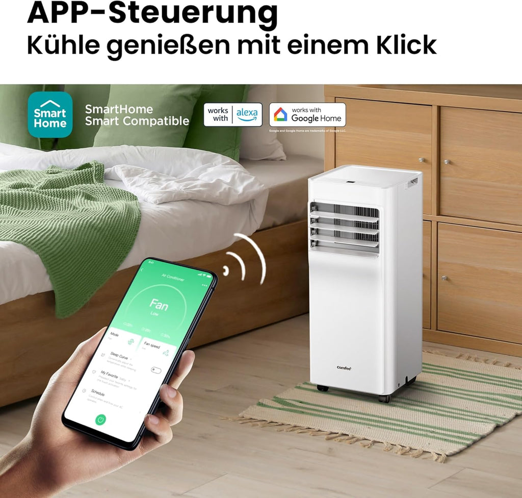 Aire acondicionado portátil Comfee Breezy Cool Pro 2.6, 9000 BTU 2,6 kW, refrigeración, ventilación y deshumidificación, control por aplicación, para habitaciones de hasta 88 m³ (33 ㎡), aire acondicionado móvil con tubo de escape [clase energética A]