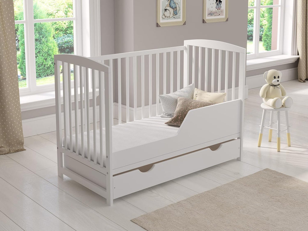 Cuna colecho Love For Sleep 120x60 cm con colchón de espuma, color blanco, modelo Jacob - Cuna de madera para bebé, cuna convertible, cama infantil con barrotes