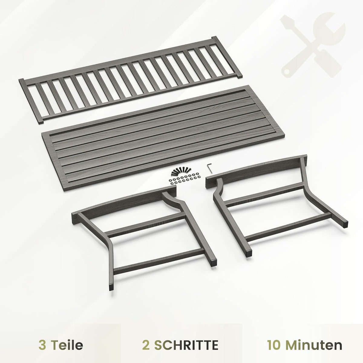 UDPATIO Banco de jardín de metal con aspecto de madera, banco resistente a la intemperie para exteriores, banco de 2-3 plazas para balcón y jardín, muebles de balcón con respaldo y reposabrazos, gris