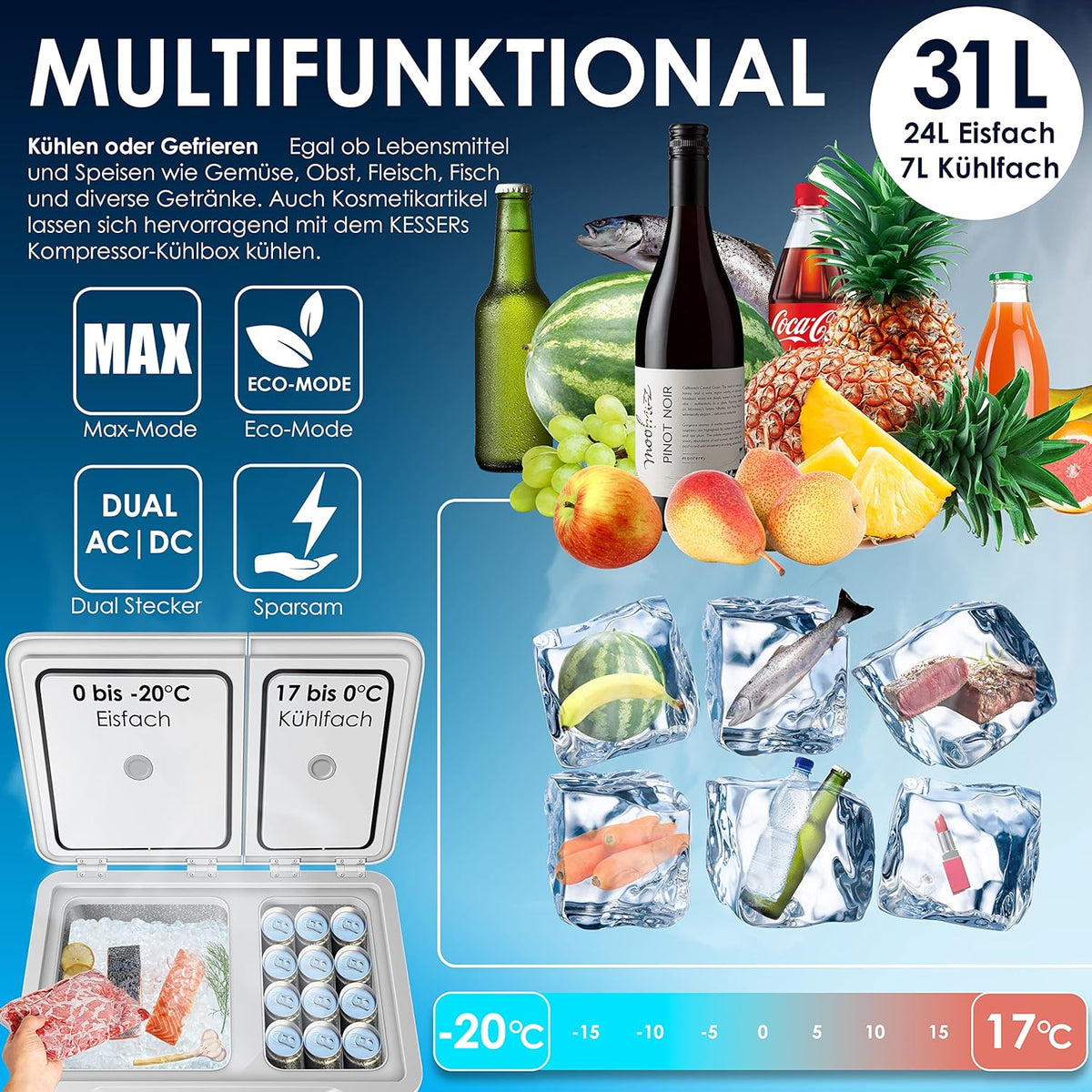 Nevera portátil con compresor KESSER 2 en 1 de doble zona, refrigeración y congelador eléctrico con 2 acumuladores de frío y panel táctil LED | Refrigerador con enfriamiento hasta -20 °C para camping, coche, camión 12/24V 230V